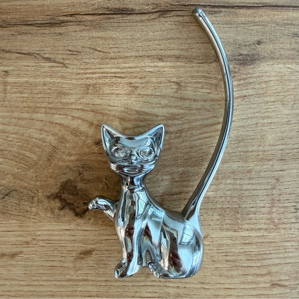 VTG Silver Modernist Crystal Eye Cat Ring Holder Paperweight Chrome Kitten MCM